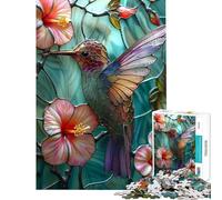 Puzzle per ragazzi da 1000 pezzi con colibrì in vetro colorato: un gioco pratico divertente e umoristico ideale come regalo antistress (dimensioni 38x26cm)