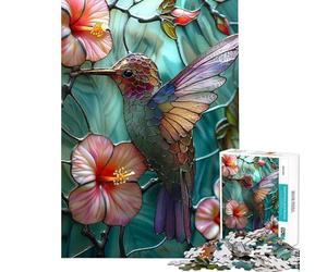 Puzzle per ragazzi da 1000 pezzi con colibrì in vetro colorato: un gioco pratico divertente e umoristico ideale come regalo antistress (dimensioni 38x26cm)