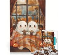Puzzle per ragazzi da 1000 pezzi con coppia di fantasmi in un accogliente scenario autunnale, giocattolo educativo per il divertimento in famiglia, compleanno e Natale 38x26cm