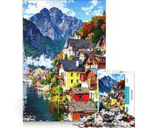 Puzzle per ragazzi da 1000 pezzi con dipinto di Hallstatt, Austria, gioco pratico, attività divertenti da fare a casa, con poster abbinato e foglio di curiosità 50x75cm