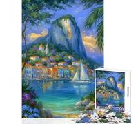 Puzzle per ragazzi da 1000 pezzi con dipinto di una città costiera barca a vela e montagna Gioco rompicapo per migliorare la memoria ideale come decorazione da parete con poster abbinato e foglio