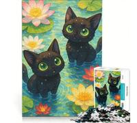 Puzzle per ragazzi da 1000 pezzi con gatti neri in stile anime nello stagno delle ninfee, gioco rilassante, di analisi e logica, per migliorare l'amore tra le coppie 50x75cm