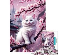 Puzzle per ragazzi da 1000 pezzi con gatto bianco su un albero di ciliegio in fiore Sakura Attività divertenti da fare in casa decorazione per la casa gioco pratico per ragazzi dai 14 anni in su