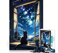Puzzle per ragazzi da 1000 pezzi con gatto che guarda il cielo notturno,pezzi a incastro,gioco di logica divertente e tranquillo,ideale per compleanni e attività artistiche (50x75cm)