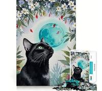 Puzzle per ragazzi da 1000 pezzi con gatto nero che guarda la luna,acquerello,pezzi a incastro,gioco logico divertente e tranquillo,gioco artistico per compleanno (38x26cm)