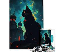 Puzzle per ragazzi da 1000 pezzi con gatto nero e chiesa dell'Europa orientale gioco impegnativo gioco impossibile adatto a coppie regalo di compleanno (dimensioni 75x50cm)