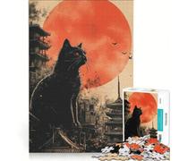 Puzzle per ragazzi da 1000 pezzi con gatto nero e paesaggio urbano giapponese, gioco pratico, rilassante e stimolante per l'intelletto, regalo di compleanno, regalo 38x26cm