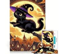Puzzle per ragazzi da 1000 pezzi con gatto nero e strega su scopa,disegno dai bordi precisi,gioco di concentrazione,regalo,gioco rilassante,scena natalizia 50x75cm