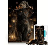 Puzzle per ragazzi da 1000 pezzi con gatto nero e strega tra foglie autunnali,incastro perfetto,gioco creativo,ideale per il tempo libero e come regalo di Natale 38x52cm
