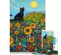 Puzzle per ragazzi da 1000 pezzi con gatto nero in un campo di girasoli,incastro perfetto,gioco creativo,ideale per il tempo libero e come regalo di Natale 38x26cm