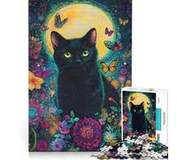 Puzzle per ragazzi da 1000 pezzi con gatto nero, luna gialla e fiori, giocattolo educativo, decorazione per la casa, compleanni e occasioni speciali 38x26cm