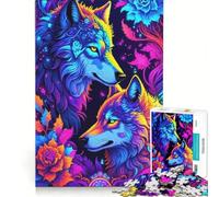 Puzzle per ragazzi da 1000 pezzi con lupi al neon e decorazioni floreali giocattolo educativo per divertimento in famiglia per rafforzare l'amore tra le coppie 38x52cm