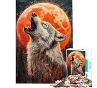 Puzzle per ragazzi da 1000 pezzi con lupo ululante e luna arancione giocattolo fai-da-te per la decorazione della casa ideale come regalo per tutta la famiglia (dimensioni 38x52cm)
