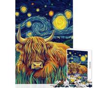 Puzzle per ragazzi da 1000 pezzi con mucca delle Highlands sotto un cielo stellato Puzzle per adulti giocattolo decorativo da parete attività divertenti di analisi e logica da fare a casa (38x52cm)