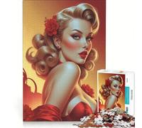 Puzzle per ragazzi da 1000 pezzi con pin-up bionda e rose rosse, gioco rompicapo, impegnativo da completare, ideale come regalo per tutta la famiglia 38x52cm