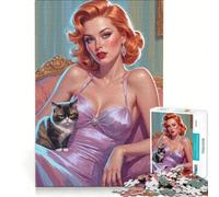 Puzzle per ragazzi da 1000 pezzi con pin-up dai capelli rossi e Grumpy Cat giocattolo fai-da-te per l'interazione genitore-figlio compleanno e Natale 38x26cm
