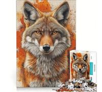 Puzzle per ragazzi da 1000 pezzi con ritratto di coyote su sfondo arancione a schizzi, gioco interattivo, migliora la memoria, regalo per amici e familiari 38x26cm