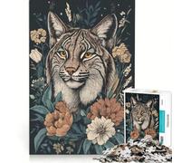 Puzzle per ragazzi da 1000 pezzi con ritratto di lince rossa e composizione floreale, gioco divertente, allena la mente e la mano, adatto come decorazione da scrivania 38x52cm