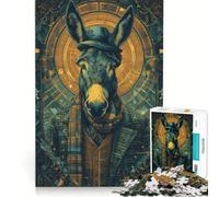 Puzzle per ragazzi da 1000 pezzi con ritratto di un elegante asino su sfondo geometrico, gioco interattivo, attività divertenti da fare a casa, con poster e foglio di curiosità abbinati 38x26cm