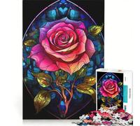 Puzzle per ragazzi da 1000 pezzi con rosa rossa e vetrata giocattolo educativo migliora la memoria con poster abbinato e foglio di curiosità 50x75cm