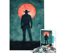 Puzzle per ragazzi da 1000 pezzi con silhouette di cowboy sotto la luna rossa gioco rompicapo giocattolo intellettuale ottimo regalo per gli amanti dei giochi decorazione da parete (75x50cm)