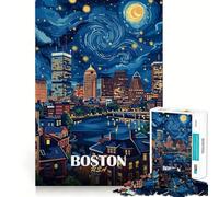Puzzle per ragazzi da 1000 pezzi con skyline notturno di Boston,USA,con bordi precisi,gioco di concentrazione,regalo,gioco rilassante,scena natalizia 50x75cm