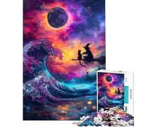 Puzzle per ragazzi da 1000 pezzi con strega e gatto su un'onda Un gioco pratico divertente e umoristico ideale come regalo antistress (dimensioni 50x75cm)