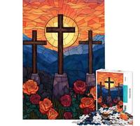 Puzzle per ragazzi da 1000 pezzi con tre croci e rose effetto vetrata giochi per famiglie modelli da assemblare regali di Natale e compleanno (dimensioni 38x26cm)