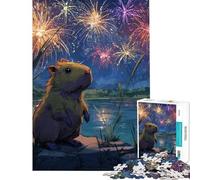 Puzzle per ragazzi da 1000 pezzi con un capibara che guarda i fuochi d'artificio Illustrazione impegnativa da completare un'opera d'arte educativa Giocattolo adatto a persone dai 14 anni in su 38x26cm