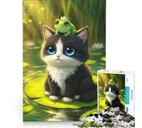 Puzzle per ragazzi da 1000 pezzi con un gattino e una rana su una ninfea, giocattolo educativo, migliora la memoria, con poster e foglio di curiosità abbinati 50x75cm