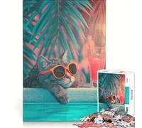 Puzzle per ragazzi da 1000 pezzi con un gatto che si rilassa a bordo piscina, gioco antistress, rilassante per la mente, sfida unica 50x75cm