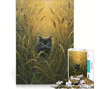 Puzzle per ragazzi da 1000 pezzi con un gatto nero nell'erba alta, un gioco divertente che allena la mente e la manualità, ideale come decorazione da scrivania 50x75cm