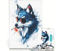 Puzzle per ragazzi da 1000 pezzi con un lupo alla moda con occhiali da sole, antistress, rilassante e stimolante per la mente, gioco unico e stimolante 38x26cm