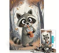 Puzzle per ragazzi da 1000 pezzi con un procione dei cartoni animati che beve bubble tea,taglio preciso,divertimento,risoluzione di problemi,relax,divertimento,esposizione artistica natalizia 38x52cm