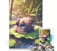 Puzzle per ragazzi da 1000 pezzi con un simpatico carlino su una ninfea, giocattolo fai da te, decorazione per la casa, ideale come regalo per tutta la famiglia 38x26cm