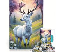Puzzle per ragazzi da 1000 pezzi con un simpatico cervo bianco in un prato, giochi educativi, decorazione da parete, con poster e foglio di curiosità abbinati 38x52cm