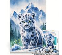 Puzzle per ragazzi da 1000 pezzi con un simpatico cucciolo di leopardo delle nevi tra le montagne, ad acquerello, decorazione da parete, gioco impegnativo e stimolante, regalo perfetto 50x75cm