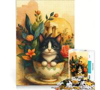 Puzzle per ragazzi da 1000 pezzi con un simpatico gattino in una tazza da tè vintage, giocattolo fai da te, decorazione per la casa, ideale come regalo per tutta la famiglia 50x75cm