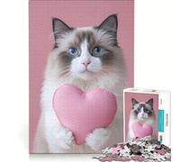 Puzzle per ragazzi da 1000 pezzi con un simpatico gatto bianco che tiene un cuore, gioco educativo, difficile, collezione d'artista, belle arti 38x26cm