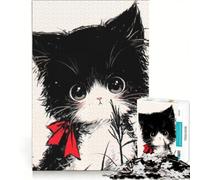 Puzzle per ragazzi da 1000 pezzi con un simpatico gatto Neko in bianco e nero con fiocco rosso, giocattolo educativo, migliora la memoria, con poster e foglio di curiosità abbinati 50x75cm