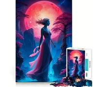 Puzzle per ragazzi da 1000 pezzi con una bellissima donna dalla luna rossa,intagli precisi,attività stimolante per la mente,momento di relax,regalo di Natale rilassante (38x52cm)
