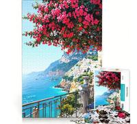 Puzzle per ragazzi da 1000 pezzi con vista su una città costiera e fiori rossi, gioco fai-da-te, stimola la memoria, con poster e foglio di curiosità abbinati 38x52cm