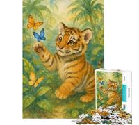 Puzzle per ragazzi da 1000 pezzi cucciolo di tigre ad acquerello con farfalle nella giungla Giocattolo avvincente per coltivare la pazienza rompicapo decorazione perfetta regalo divertente (50x75cm)