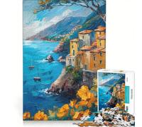 Puzzle per ragazzi da 1000 pezzi: dipinto di un villaggio costiero con fiori, giochi rilassanti, attività divertenti da fare in casa, gioco dal design accattivante 50x75cm