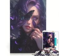 Puzzle per ragazzi da 1000 pezzi: Donna dai capelli viola con farfalle giocattoli fai da te decorazioni artistiche per la casa ideale come regalo per tutta la famiglia 38x52cm