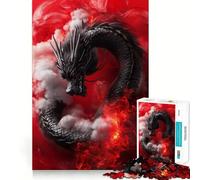 Puzzle per ragazzi da 1000 pezzi Drago nero tra le fiamme Illustrazione dai bordi precisi,gioco di concentrazione,regalo,gioco rilassante,illustrazione di scena natalizia 38x26cm
