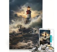 Puzzle per ragazzi da 1000 pezzi Faro in mezzo a un mare in tempesta gioco educativo decorazione perfetta lista dei desideri con Babbo Natale 50x75cm