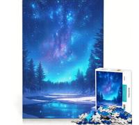 Puzzle per ragazzi da 1000 pezzi: Fiume innevato cielo stellato gioco interattivo ideale per passare il tempo durante le vacanze con poster e foglio di curiosità abbinati 38x26cm