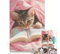 Puzzle per ragazzi da 1000 pezzi: Gattino che legge un libro sotto una coperta floreale giocattolo educativo migliora la memoria con poster e foglio di curiosità abbinati 50x75cm