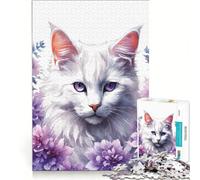 Puzzle per ragazzi da 1000 pezzi: gatto bianco circondato da fiori viola gioco educativo migliora la memoria gioco stimolante idea regalo 38x52cm